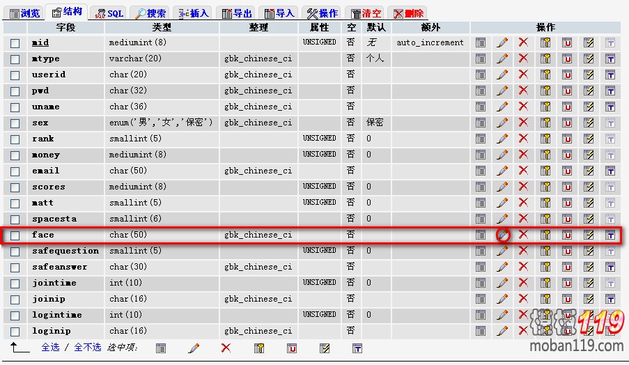 如何修改织梦会员中心member表face字段类型及长度?
